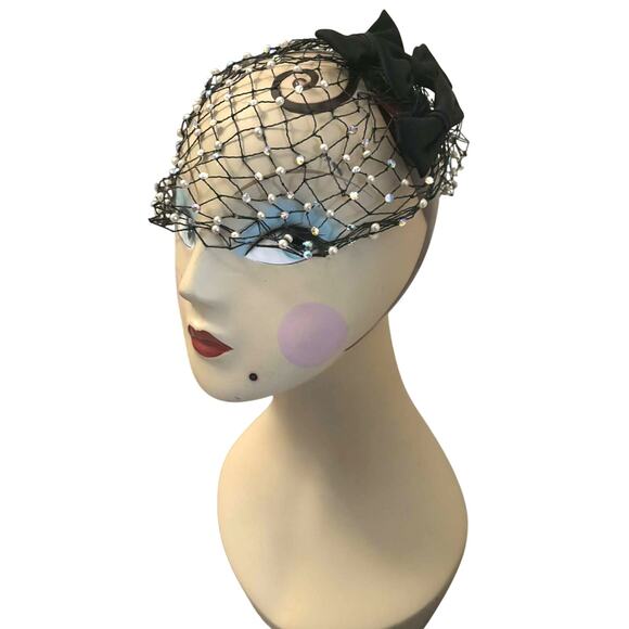 Vtg 1950s 60s Beaded Snood Hair Net Pearl AB Crystal Satin Bows Comb Fascinator main image 7